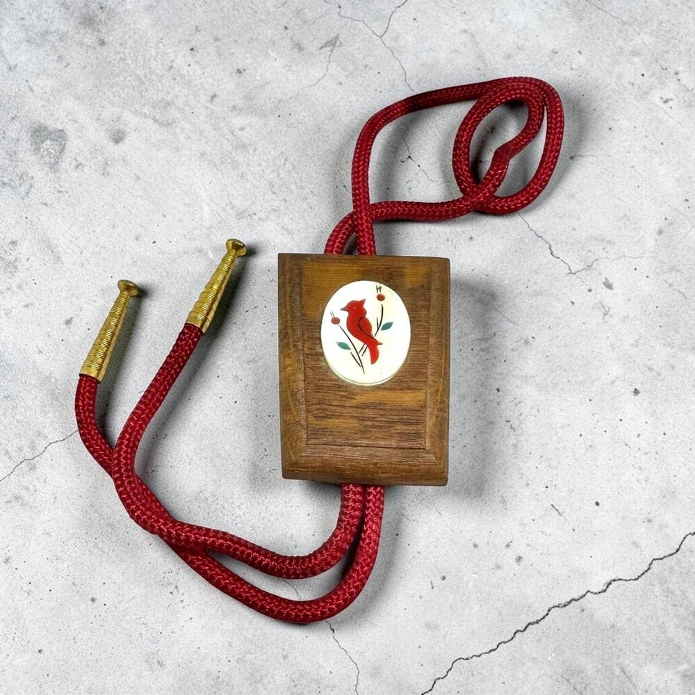 Vintage Cardinal Bolo Tie MOP Inlay Southwest Folk Art Lodgecore Handmade Wood